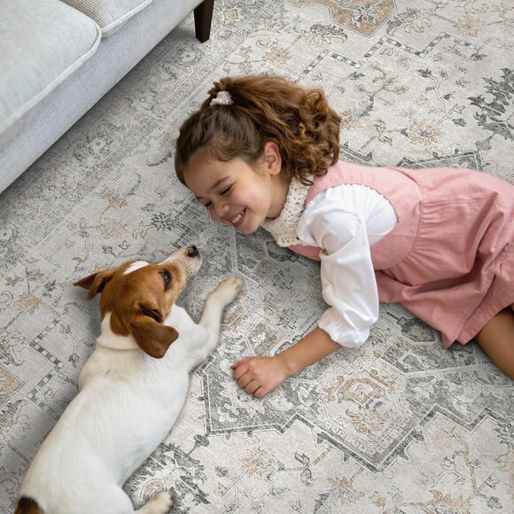 New 5x7 Area Rug, Washable Non-Slip Vintage Chenille Carpet for Living Room - Picture 4 of 10